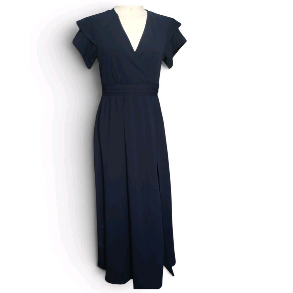 Anatoky Women's Navy Maxi Dress Size M NWT Flutter Sleeve V-Neck Wrap Style Slit